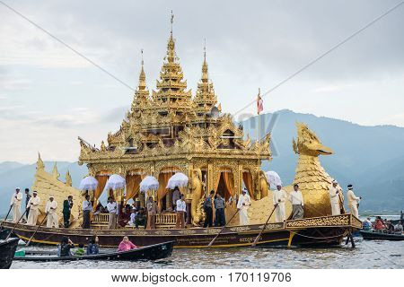INLE-LAKE, MYANMAR - OCT 06 2014: The festival of Phaung Daw Oo Pagoda at Inle Lake in October 2014.