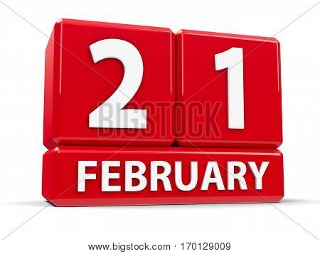 Red cubes - The Twenty First of February - on a white table - International Mother Language Day three-dimensional rendering 3D illustration