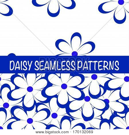 Set of seamless naive minimalistic patterns with little flowers. Floral print. Field of blue camomiles on white background. For wrapping fabric and other design. Vector illustration.