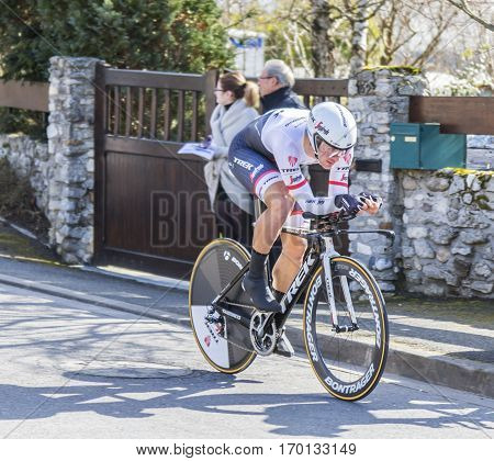 Conflans-Sainte-HonorineFrance-March 62016: The Belgian cyclist Edward Theuns of Trek-Segafredo Team riding during the prologue stage of Paris-Nice 2016.