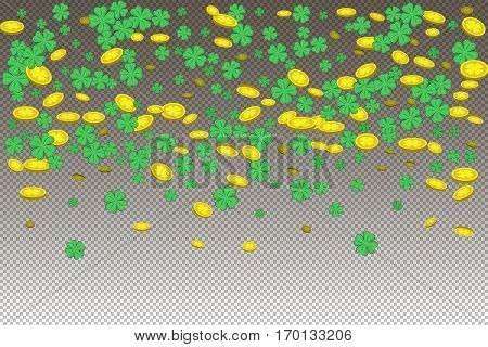 vector illustration of the rain luck gold coins and four-leaf clover on a transparent background
