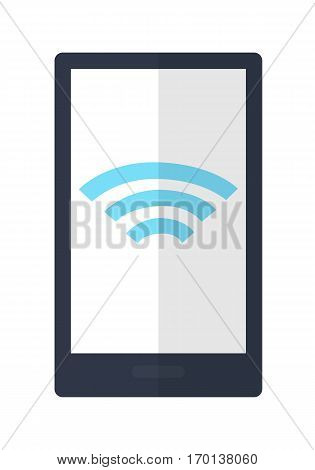 Mobile phone with wireless sign icon isolated. Wireless connectivity concept. Setting wifi connection. Wifi symbol on smartphone. Editable items in flat style. Accessories for work in office. Vector