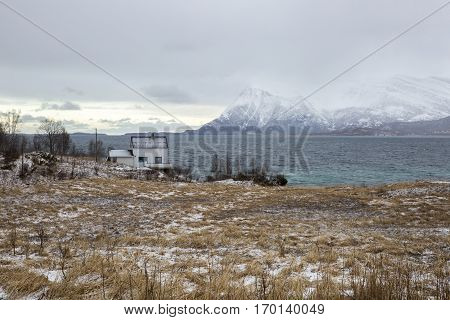 Norwegian landscape with snowy mountains in the winter Nordland Norway