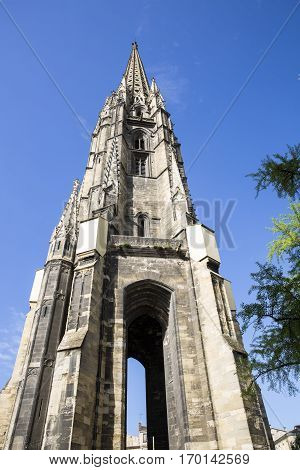 Saint Michel's bell tower Bordeaux France with blue sky background
