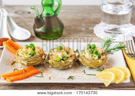 Cooked Artichokes  With Rice, Green Peas, Carrot And Olive Oil. Turkish Dish - Zeytinyağlı Enginar.