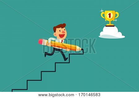 Happy businessman use pencil to create his own stair to success.