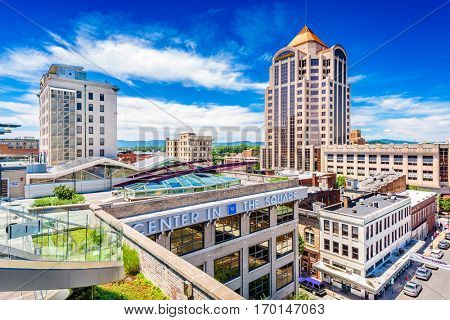 ROANOKE, VIRGINIA - JUNE 19, 2016: The skyline of downtown Roanoke from Center in the Square, an arts and cultural complex.