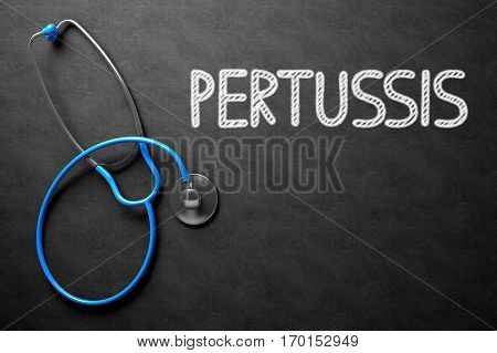 Medical Concept: Pertussis -  Black Chalkboard with Hand Drawn Text and Blue Stethoscope. Top View. Medical Concept: Pertussis Handwritten on Black Chalkboard. 3D Rendering.