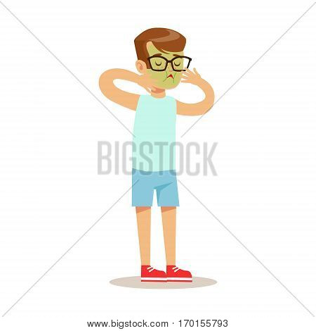 Sick Nauseous Kid Feeling Unwell Suffering From Sickness Needing Healthcare Medical Help Cartoon Character. Ill Child With Health Damage Showing The Symptoms Vector Illustrations.