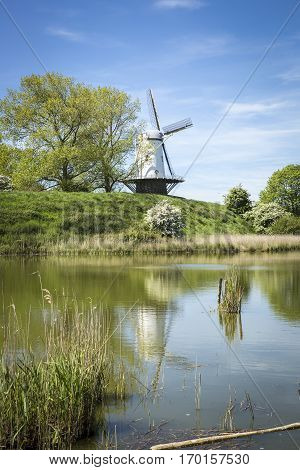 Typical Dutch landscape with a canal and a windmill, Molen de Koe, Veere, The Netherlands