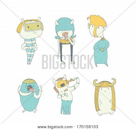 Set of cute colorful monsters hand drawn in doodle style isolated on white background. Lovely characters collection eating ice-cream pizza brownie. Vector illustration good for kids illustration.
