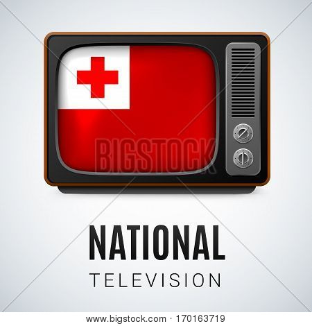 Vintage TV and Flag of Tonga as Symbol National Television. Tele Receiver with Tongan flag