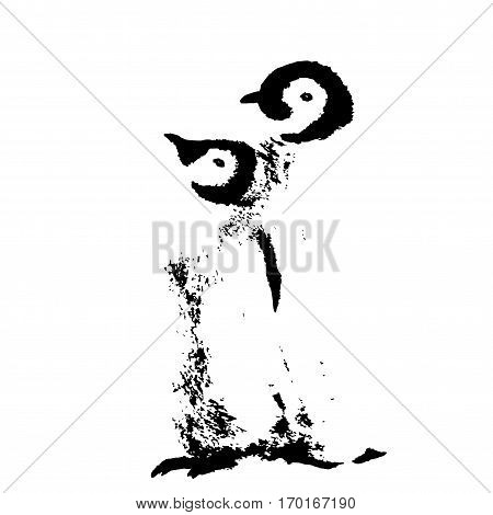 Cute Penguin family. Wild polar animal isolated on white background. Winter Artic character. Baby with mother. Graphic Bird design. Hand drawn vector illustration.