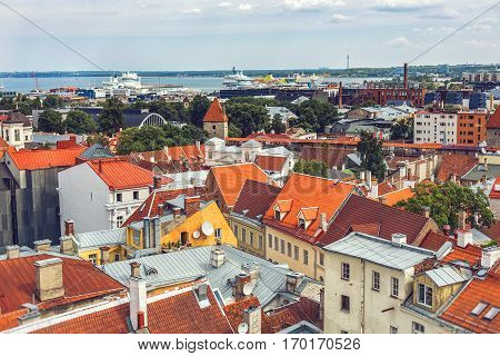 TALLINN ESTONIA - JULE 29 2013: Top panoramic view of old town Tallinn in sunny day
