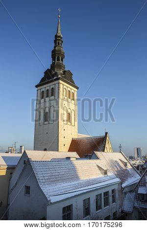 St. Nicholas' Church Spire with roofs with snow,Tallinn Estonia