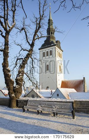 St. Nicholas' Church Spire viewed from the park with snow and a dead tree,Tallinn Estonia