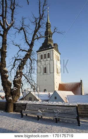 St. Nicholas' Church Spire viewed from the park with snow and a dead tree,Tallinn Estonia