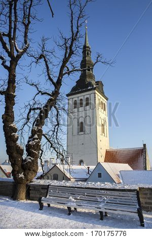 St. Nicholas' Church Spire viewed from the park with snow and a dead tree,Tallinn Estonia