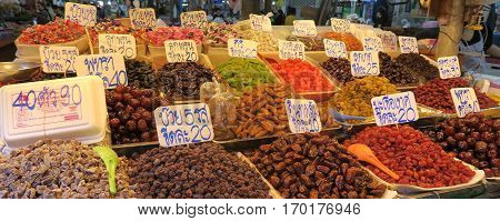 Dried food and candys at a local market in Thailand