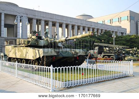SEOUL - NOV 4, 2015: Tank in military museum. Tanks drove through downtown Seoul at time largest military parade in South Korea