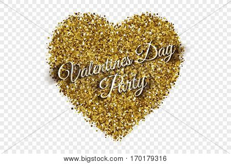 Valentine's Day Party Illustration. Golden Shiny Tinsel Square Particles Abstract Vector Heart with 3d text on Transparent Background. Celebration, holidays and party design element