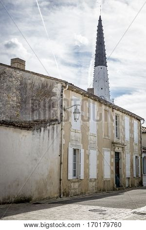 Village of Ars en Re with Saint-Etienne church spire Ile de Re France