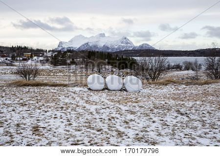 Norwegian landscape with snowy mountains in the winter Nordland Norway