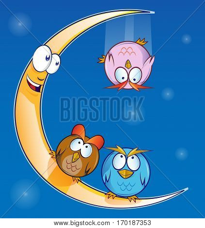 owl cartoon on the moon on blue background