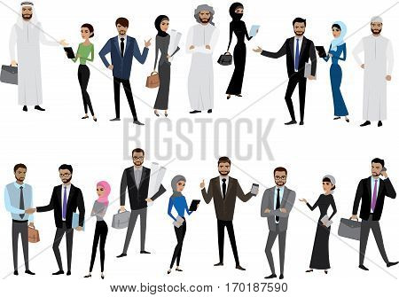 Big cartoon set of Arab men and women in different clothes and characters, isolated without background, stock vector illustration