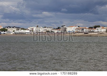 View of the coastline with seaside resort of Royan with grey tourmented sky France