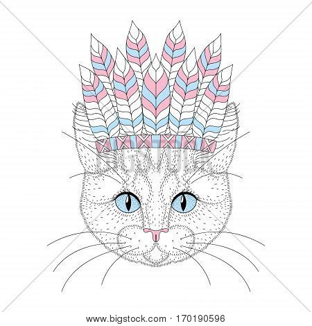 Cute cat portrait with war bonnet on head. Hand drawn kitty face, fashion animal cartoon in aztec style, illustration for t-shirt print, kids greeting card, invitation, tattoo design.