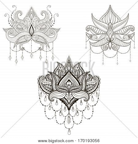 Hand drawn vector Lotus flower set, vector illustration, ornamental ethnic paisley.  Henna tattoo art, boho and magic symbol in zentangle style for adult coloring page.