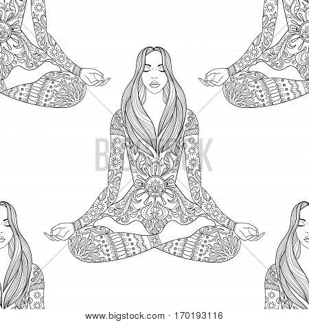 Woman sitting in lotus pose.  Vector ornate girl silhouette seamless pattern, meditation, yoga, gipsy soul, hand drawn ethnic motif.