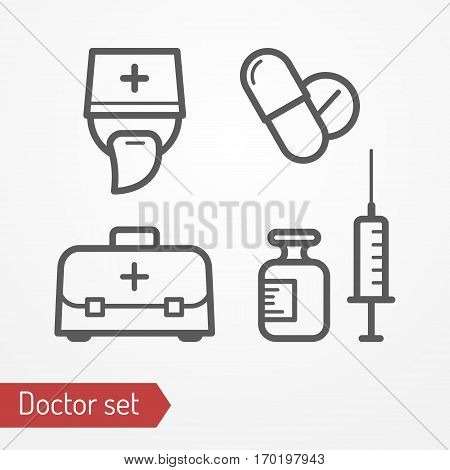 Collection of doctor icons. Typical doctor face in professional hat, bag, syringe, pills and medicine. Medic or surgeon isolated icon in flat style. Profession and healthcare vector stock image.