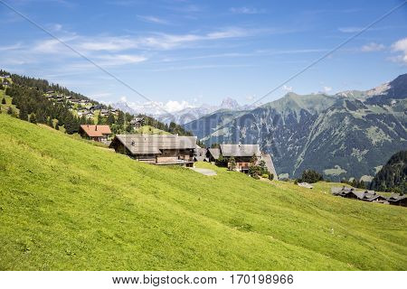 Wooden Swiss chalets in bucolic green summer alpine landscape Swiss Alps mountain massif canton du Valais Switzerland