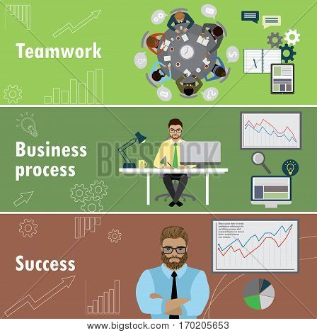 flat banner set with teamwork, business process and success, stock vector illustration.