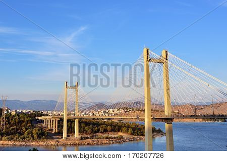 Modern bridge to Chalcis at sunset Greece