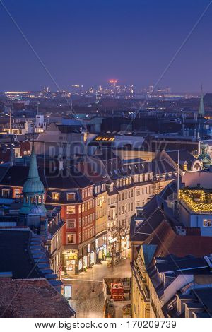 Cityscape of copenhagen in the bluehour and a shopping street