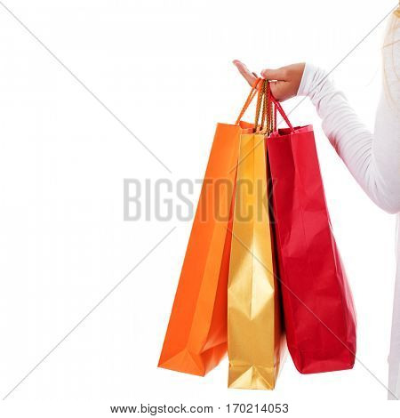 Isolated womans hand carries a shopping bag.