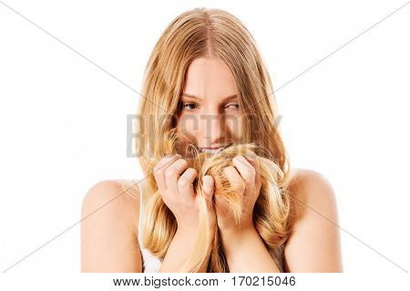 Beautiful young woman with gorgeous hairstyle.