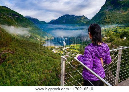 Geiranger fjord, Beautiful Nature Norway panorama. It is a 15-kilometre (9.3 mi) long branch off of the Sunnylvsfjorden, which is a branch off of the Storfjorden (Great Fjord).