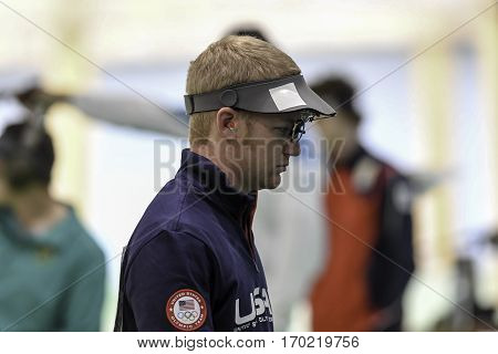 Rio Brazil - august 10 2016: BROWN Will (USA) during shooting 50m Pistol Men Shooting at Olympic Games 2016 in Olympic Shooting Centre Deodoro