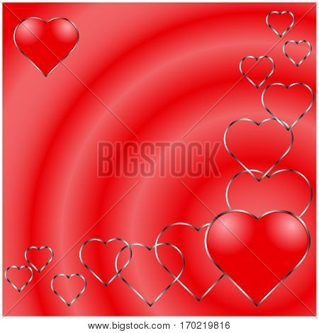 One red heart and row of metal hearts on a red background. Vector Illustration for Valentine's day
