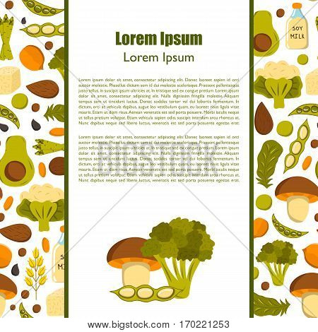 Vector illustration with cartoon source vegan protein background: broccoli chia seeds oats seeds chickpeas avocado tofu soy milk spinach. Vector cartoon healthy diet icons. Healthy food concept