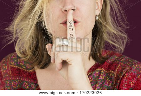 Woman Quiet Shut Up Secret Shh Portrait Concept