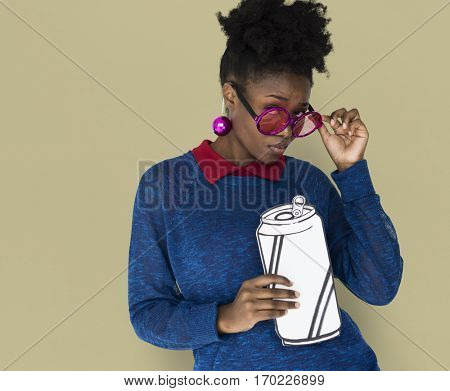 African Woman with Sunglasses Holding a Can Beverage