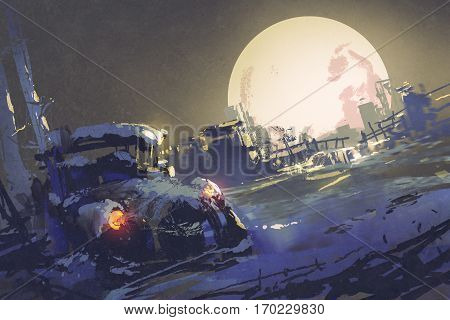 winter night scenery showing abandoned car coverd with snow and big fullmoon on background, illustration painting