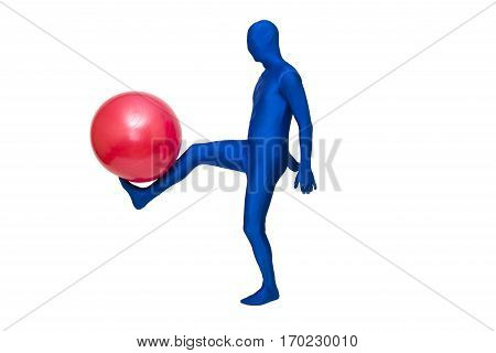 Mysterious Blue Man In Morphsuit Exercise With Pilates  Ball