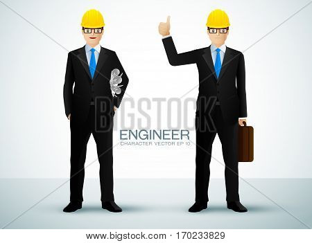 Construction worker engineer or architect holding projects blueprints character. vector illustration