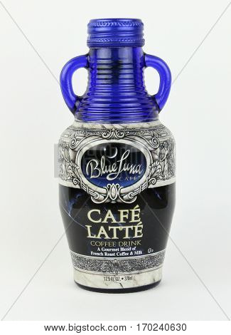 Spencer Wisconsin February 10 2017 Bottle of Blue Luna Cafe Latte Coffee Drink Blue Luna is made in America and is a Gourmet Coffee Drink
